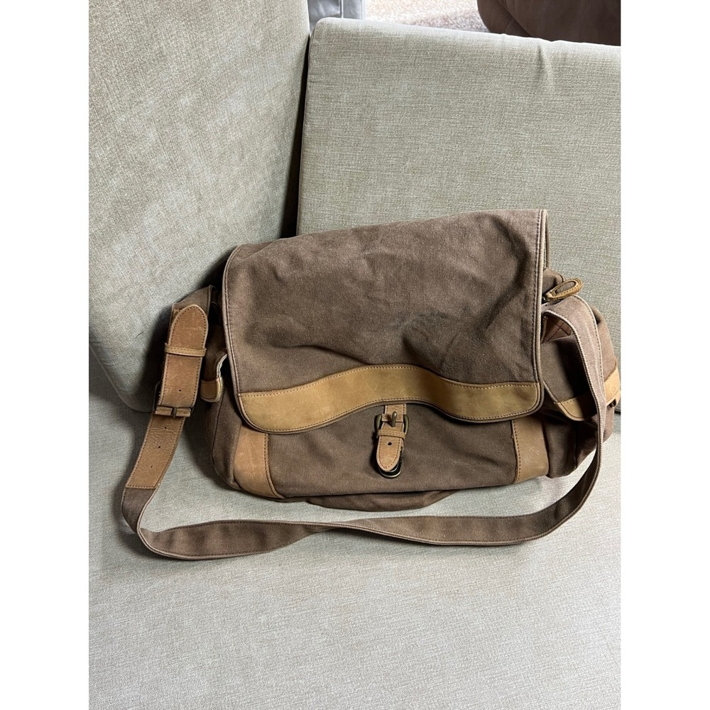 LL Bean Brown Canvas Leather Trim Messenger Field Bag Crossbody 0AMN7